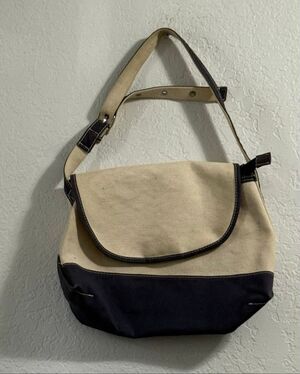 LL BEAN Natural Canvas Messenger Shoulder Handbag Natural/Dark Blue